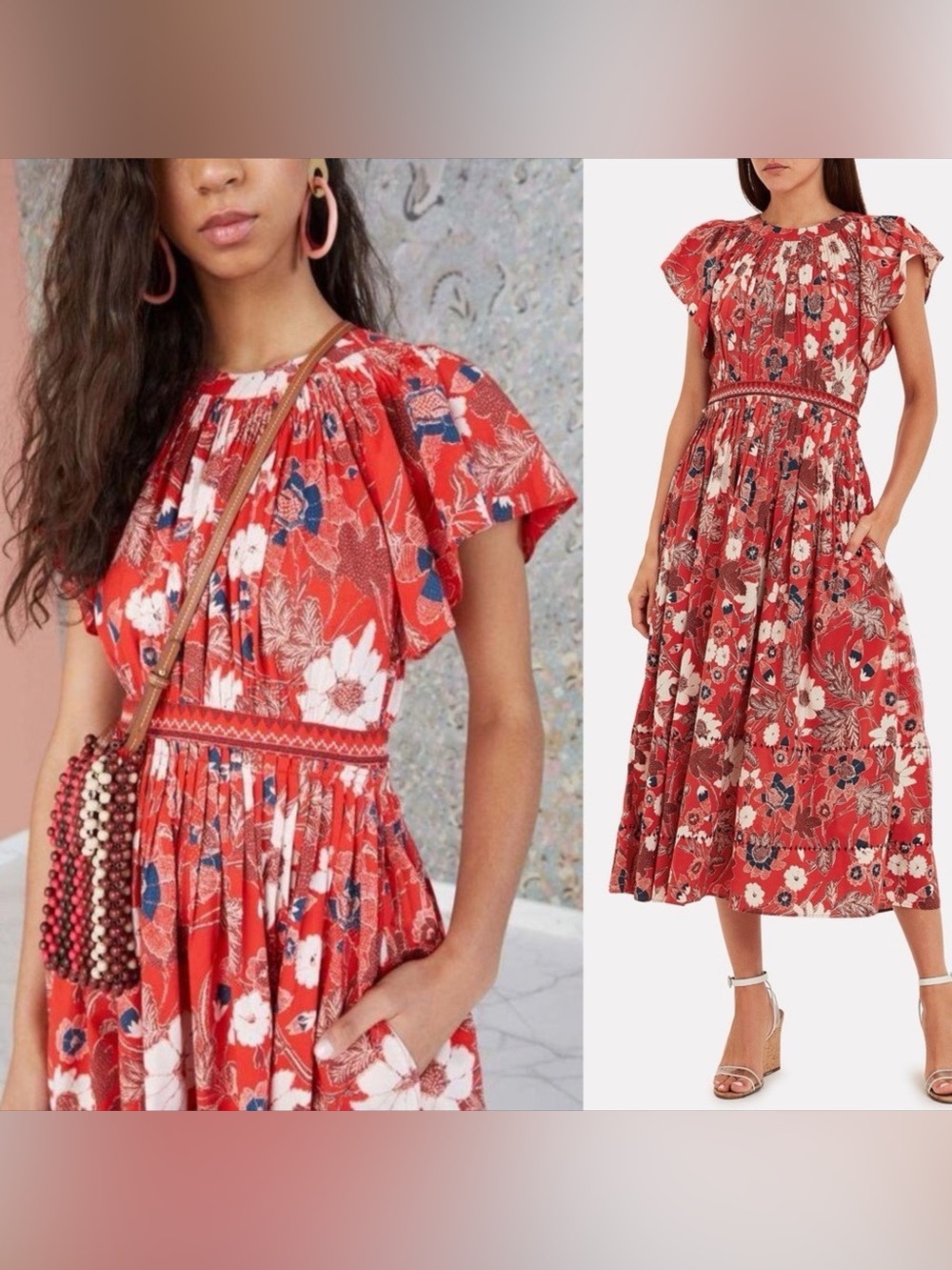 Ulla Johnson Coral Red Floral Midi Dress with Navy & White Accents